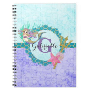 Niedliches Monogramm Mermaid Aquamarin und Lila Notizblock