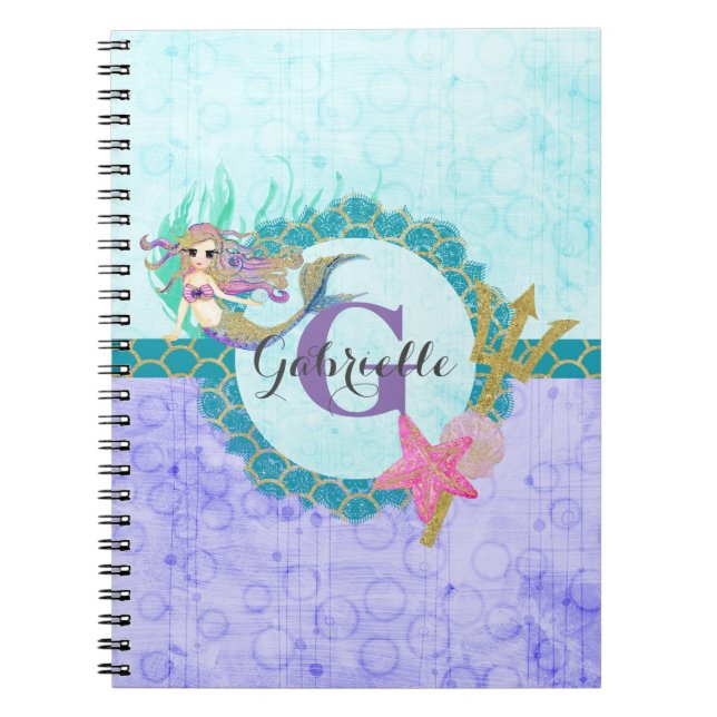 Niedliches Monogramm Mermaid Aquamarin und Lila Notizblock (Vorderseite)