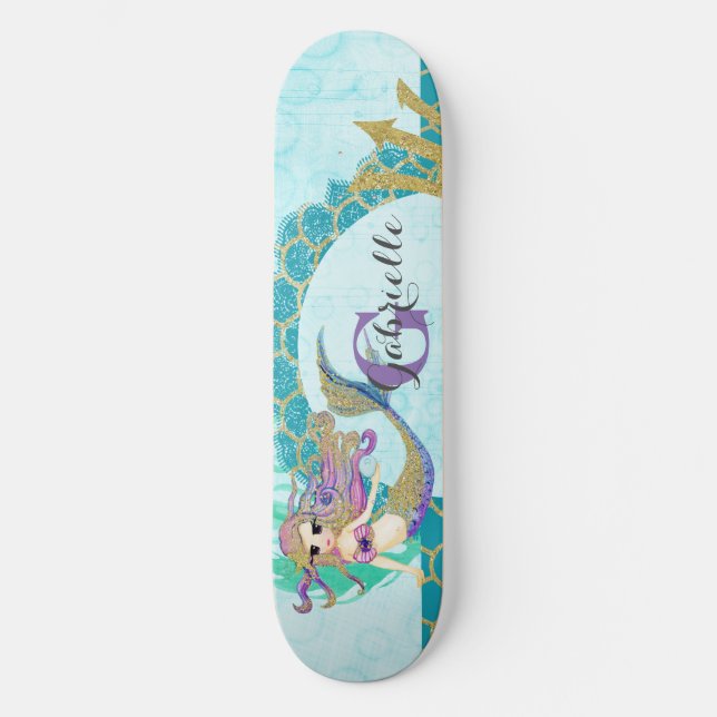 Niedliches Monogramm Mermaid Aquamarin und Lila Skateboard (Vorderseite)