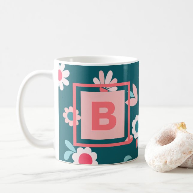 Niedliches Monogramm Modernes Rosa und Aquamarines Kaffeetasse (Mit Donut)