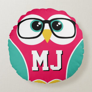 Niedliches Monogramm Owl mit Brille Rundkissen Rundes Kissen