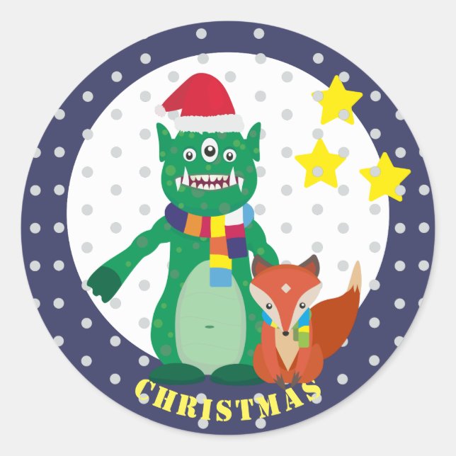 Niedliches Monster, Retro-Fuchs Frohes Neues Jahr Runder Aufkleber (Vorderseite)