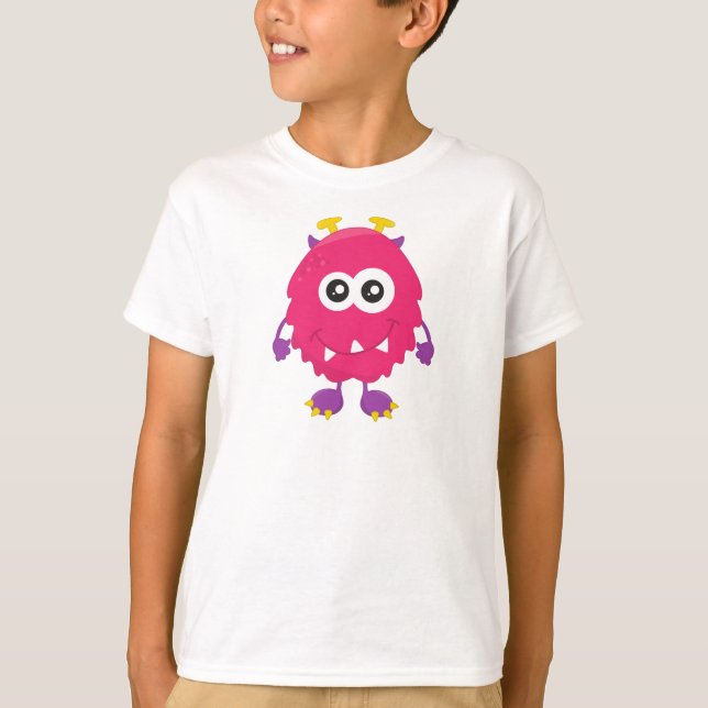 Niedliches Monster, rosa Monster, Hörner, lustiges T-Shirt (Vorderseite)