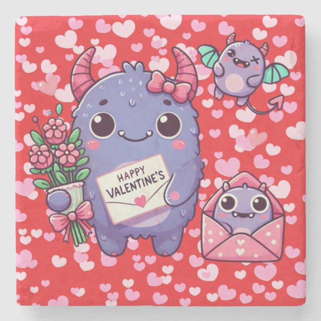Niedliches Monster Valentinstag Steinuntersetzer (Vorderseite)