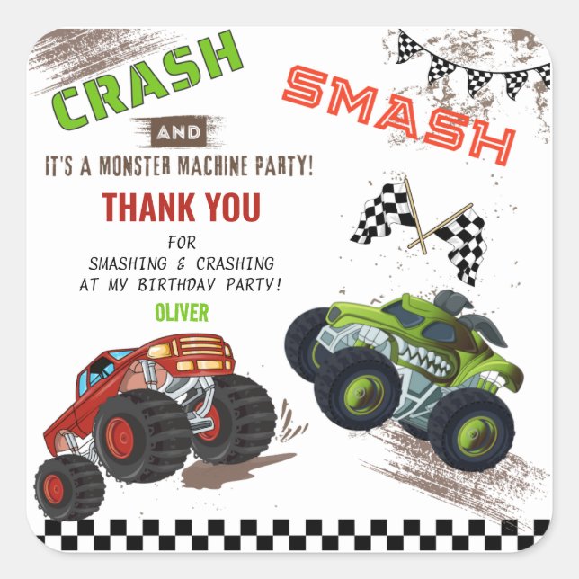 Niedliches Monster Vielen Dank Auto Truck Kinderge Quadratischer Aufkleber (Vorderseite)