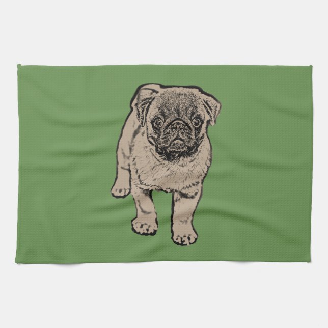 Niedliches Mops-Küchen-Tuch -grün Geschirrtuch (Horizontal)