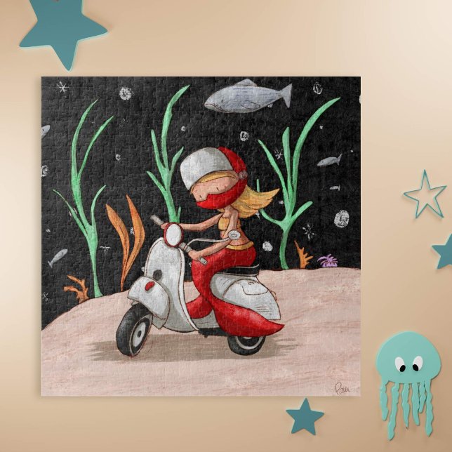 Niedliches Motorrad für Meerjungfrauen Puzzle (Exclusive puzzle with a mermaid driving a motorcycle under the sea. )