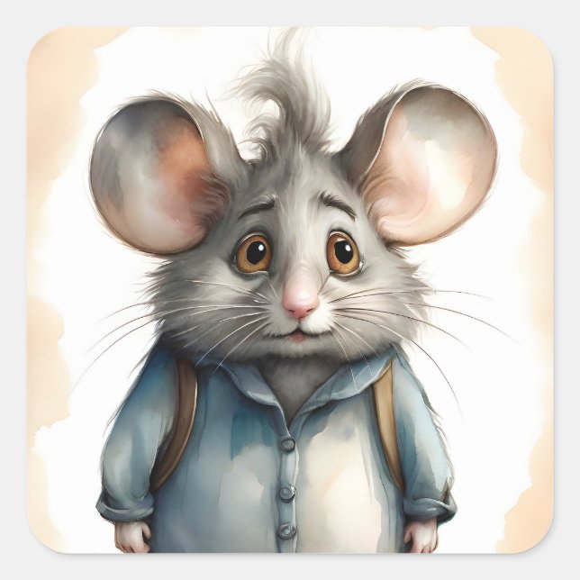 Niedliches Mouse Blue Jacket Backpack Portrait Quadratischer Aufkleber (Vorderseite)