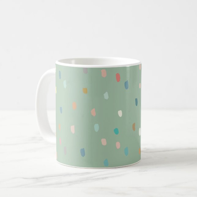 Niedliches Multicolor Dotty-Muster auf Sage Green Kaffeetasse (Vorderseite Links)