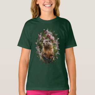Niedliches Murmeltier mit rosa Rhododendron-Hinter T-Shirt