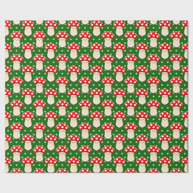 Niedliches Mushroom Zeichne Green Polka Dot Muster Geschenkpapier (Saum)