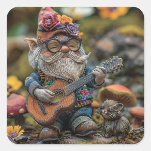 Niedliches musikalisches Gnome, das Gitarre spielt Quadratischer Aufkleber