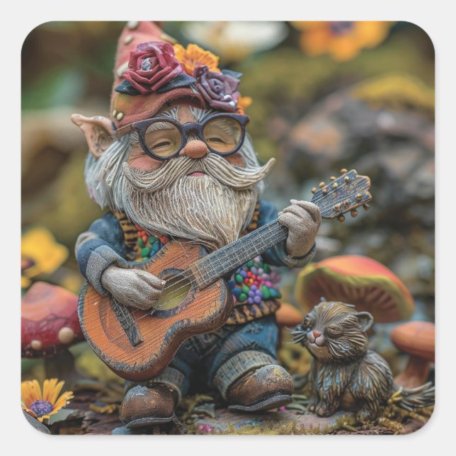Niedliches musikalisches Gnome, das Gitarre spielt Quadratischer Aufkleber (Vorderseite)