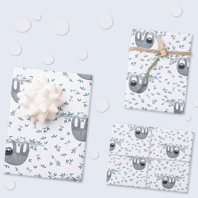 Niedliches Muster der Wasserfarbe Geschenkpapier Set (Fun watercolor sloth gift wrapping paper sheets with three different scales of pattern)