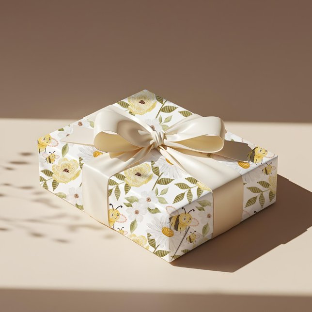 Niedliches Muster der Wasserfarben, gezwirnt Geschenkpapier (Cute Watercolor Floral Knitted Honey Bee Pattern Wrapping Paper)