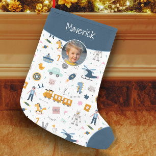 Niedliches Muster Foto und Name Boy Blue Kleiner Weihnachtsstrumpf