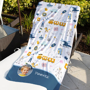 Niedliches Muster Foto und Name Boy Blue Strandtuch