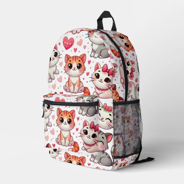 Niedliches Muster für Katzen und Herzen - Rosa und Bedruckter Rucksack (Rückseitige Ecke Rechts)