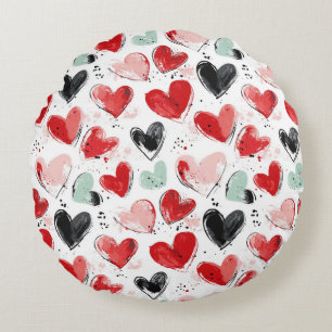 niedliches Muster mit gemalten Herzen Aquarell Rundes Kissen