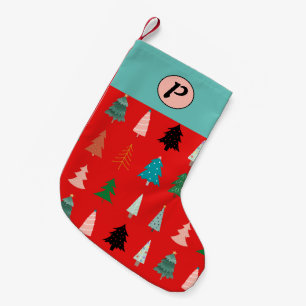 Niedliches Muster mit Monogramm rote, farbige Bäum Kleiner Weihnachtsstrumpf