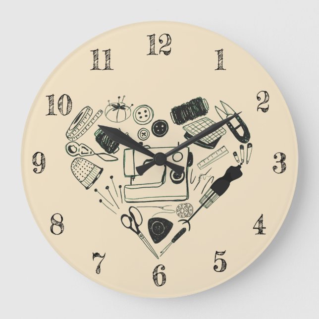 Niedliches Nähset in Herz-Form Nähmaschine Große Wanduhr (Vorderseite)