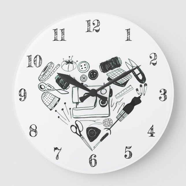 Niedliches Nähset in Herz-Form Nähmaschine Große Wanduhr (Vorderseite)
