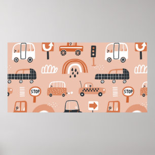 Niedliches nahtloses Muster mit Spielzeugautos. Ca Poster