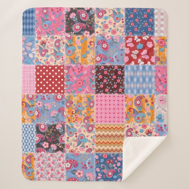Niedliches nahtloses Patchwork-Muster Sherpadecke (Vorderseite)
