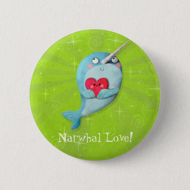 Niedliches Narwhal mit Herzen Button (Vorderseite)