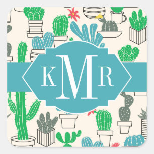 Niedliches natürliches Blumenkaktus-Muster Quadratischer Aufkleber