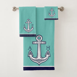 Niedliches Nautic Anchor BadTeal Navy Blau Weiß Badhandtuch Set