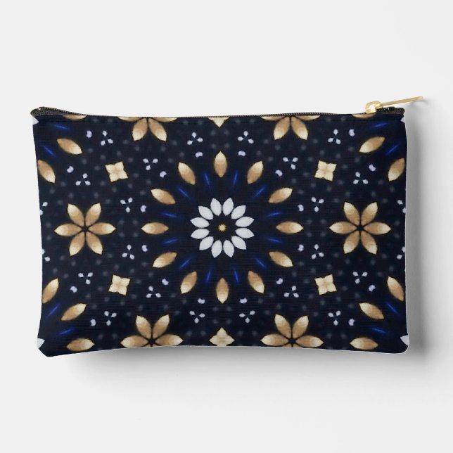 Niedliches Navy Blue White & Gold Mandala Dot Art  Zubehörtasche (Rückseite)