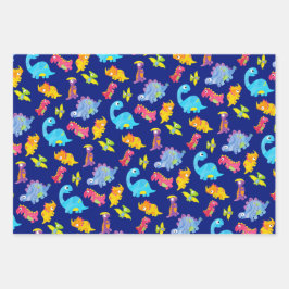 Niedliches Navy Blue, Yellow & Lila Dinosaurier Ge Geschenkpapier Set