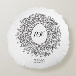 Niedliches Nest & Ei - Personalisierte Initialen u Rundes Kissen