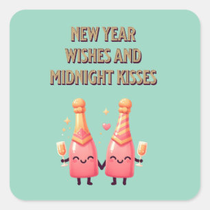 Niedliches Neujahr Wünsche & Mitternacht Kisses Ka Quadratischer Aufkleber