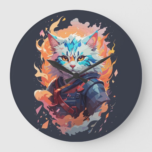 Niedliches Ninja Cat Warrior Design Große Wanduhr (Vorderseite)