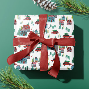 Niedliches Nordic Skaten Village Weihnachtsmuster Geschenkpapier