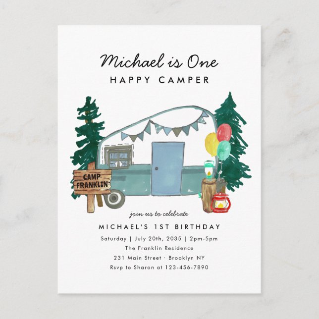 Niedliches One Happy Camper Trees Camping 1. Gebur Postkarte (Vorderseite)