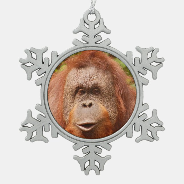 Niedliches Orang-Utan-Gesicht Schneeflocken Zinn-Ornament (Vorderseite)