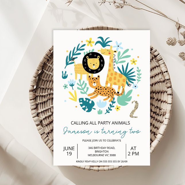Niedliches Orange, das alle Party zum 2. Geburtsta Einladung (Safari Party Animals 2nd Birthday Invitation Template, Jungle Animals Two Wild 2nd Birthday Invite)