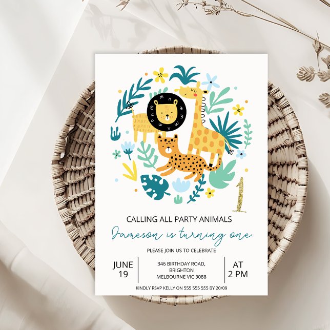 Niedliches Orange, das alle Party zum ersten Gebur Einladung (Calling All Party Animals Safari 1st Birthday Invitation Baby Boy,
Safari Wild One Birthday Invite)