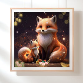 Niedliches Orange Fox Mama & Baby Art Kinderzimmer Poster