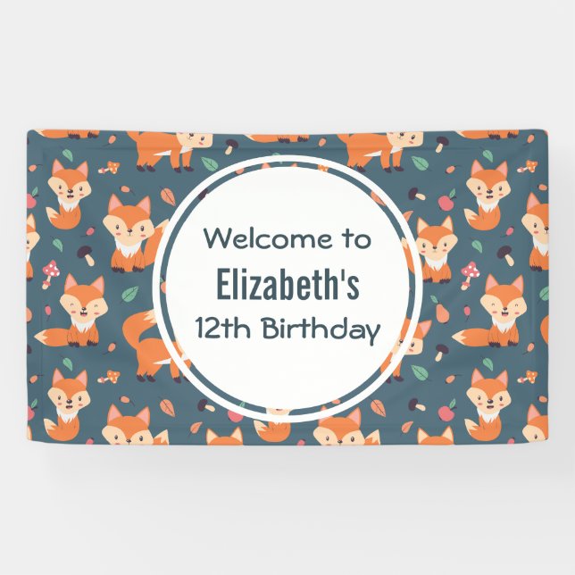 Niedliches Orange Fox Tiermuster Geburtstag Banner (Horizontal)