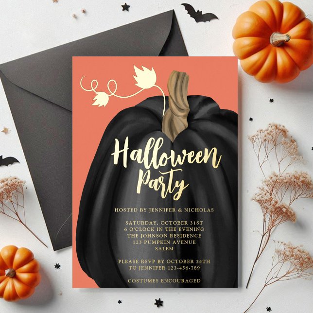 Niedliches Orange Gold Pumpkin Halloween-Party Folieneinladung (Cute Orange Gold Pumpkin Halloween Party Foil Invitation)