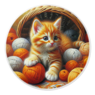 Niedliches Orange- und White Kitten-Spiel im Garn Keramikknauf