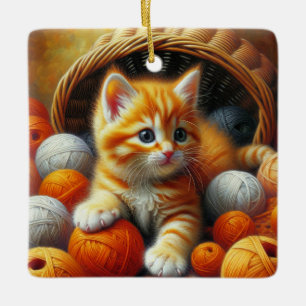 Niedliches Orange- und White Kitten-Spiel im Garn Keramikornament