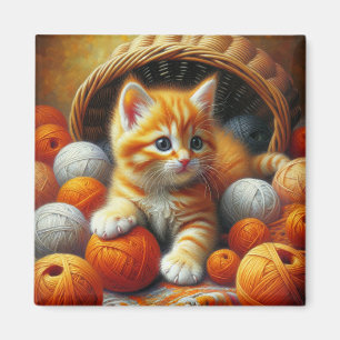 Niedliches Orange- und White Kitten-Spiel im Garn Magnet