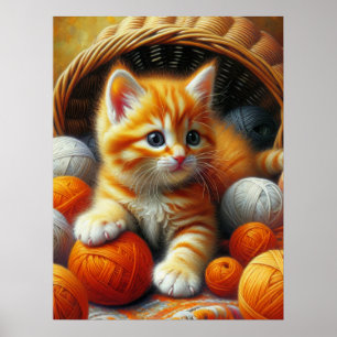 Niedliches Orange- und White Kitten-Spiel im Garn Poster