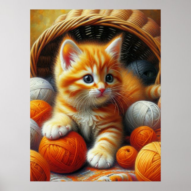 Niedliches Orange- und White Kitten-Spiel im Garn Poster (Vorne)