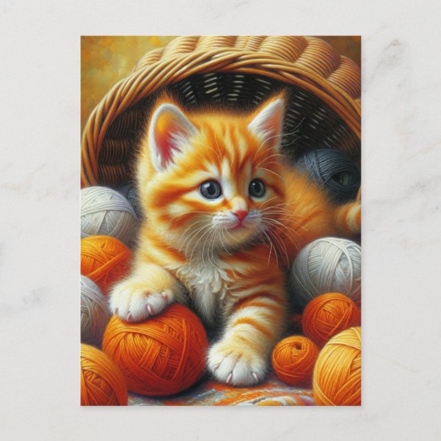 Niedliches Orange- und White Kitten-Spiel im Garn Postkarte (Vorderseite)